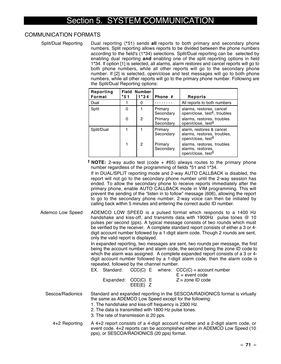5 system communication, Communication formats | Guardian Technologies Ademco VISTA-40 User Manual | Page 71 / 122