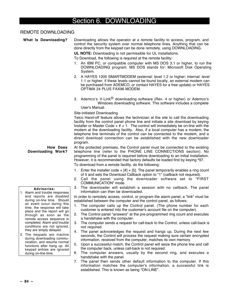 6 downloading | Guardian Technologies Ademco VISTA-40 User Manual | Page 84 / 122