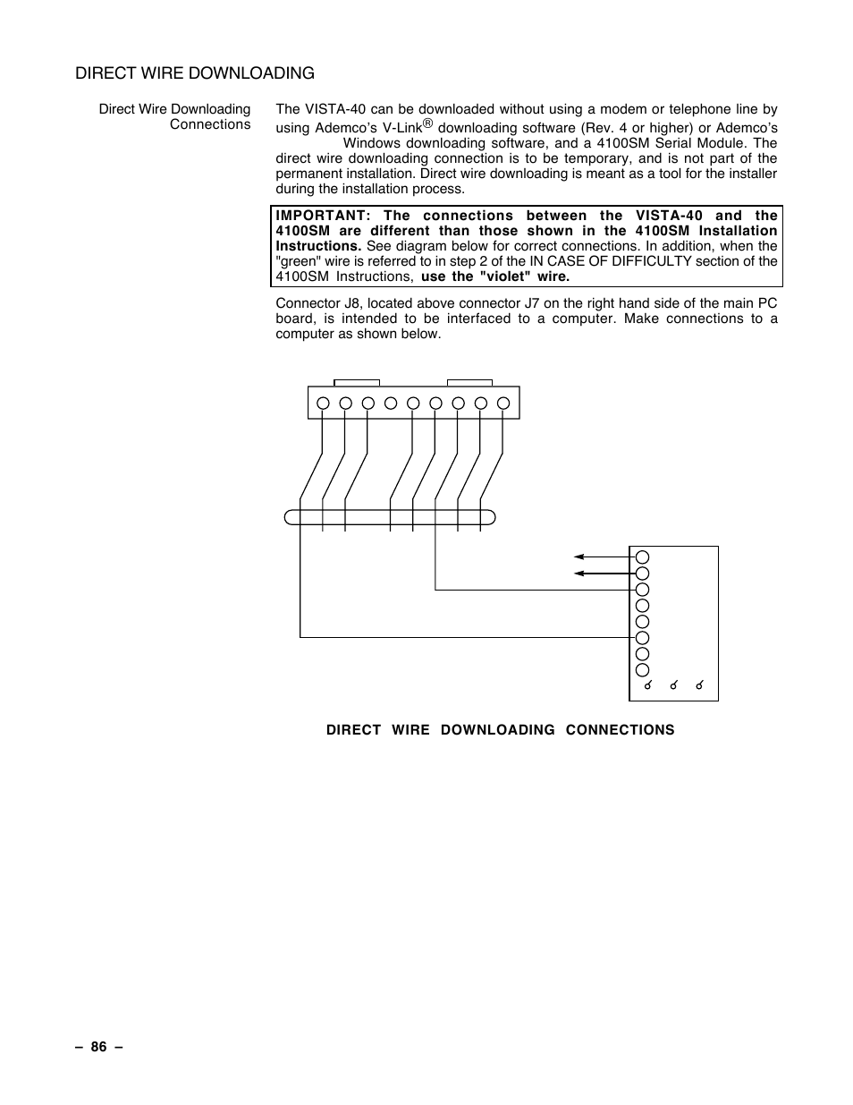 Direct wire downloading, Р 86 р, Direct wire downloading connections | Guardian Technologies Ademco VISTA-40 User Manual | Page 86 / 122