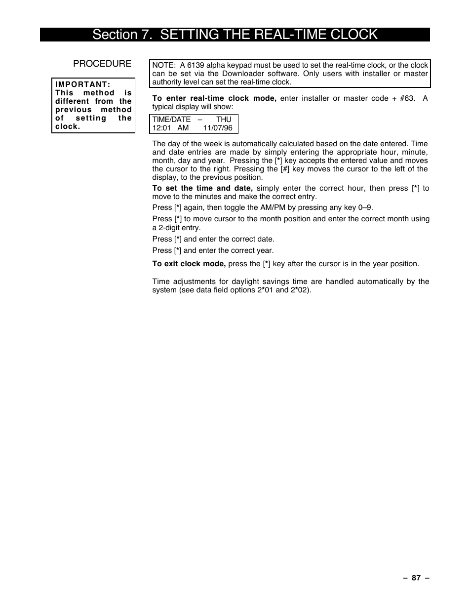 7 setting the real-time clock | Guardian Technologies Ademco VISTA-40 User Manual | Page 87 / 122