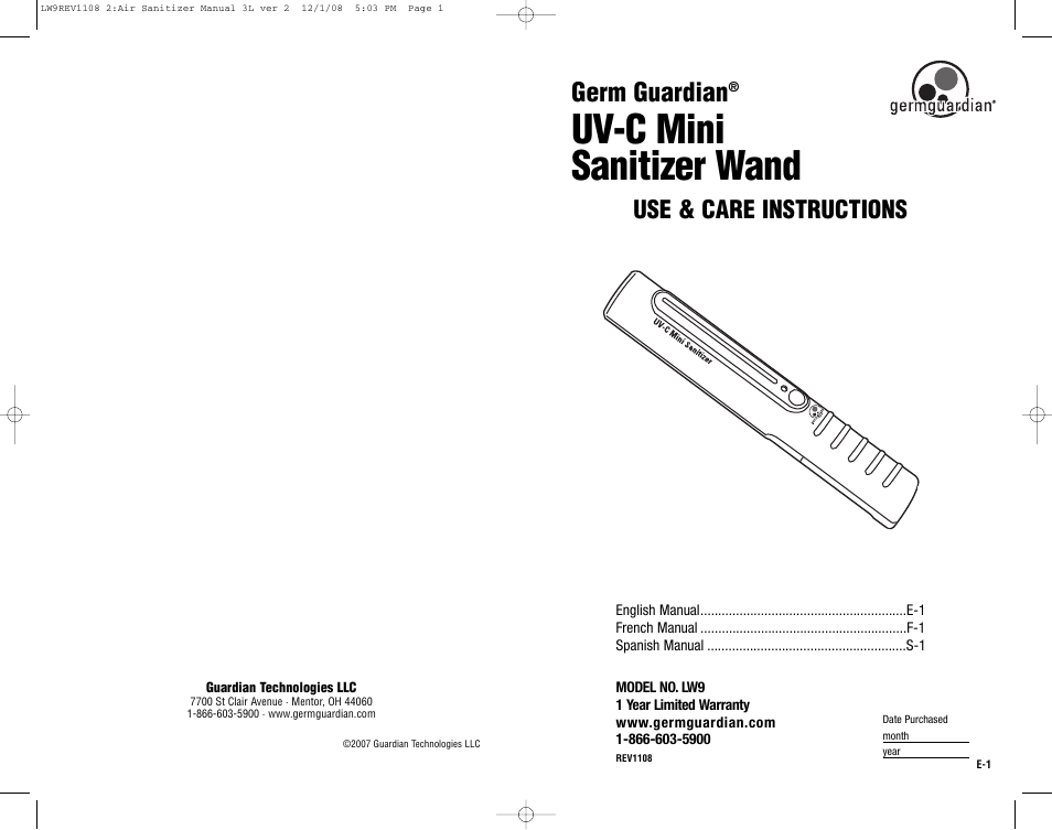 Guardian Technologies Germ Guardian LW9 User Manual | 14 pages