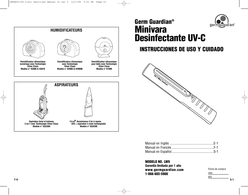 Minivara desinfectante uv-c, Germ guardian, Instrucciones de uso y cuidado | Aspirateurs, Humidificateurs | Guardian Technologies Germ Guardian LW9 User Manual | Page 10 / 14