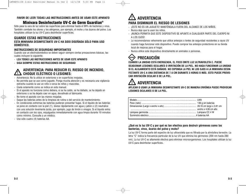 Minivara desinfectante uv-c de germ guardian, Advertencia, Precaución | Guardian Technologies Germ Guardian LW9 User Manual | Page 11 / 14