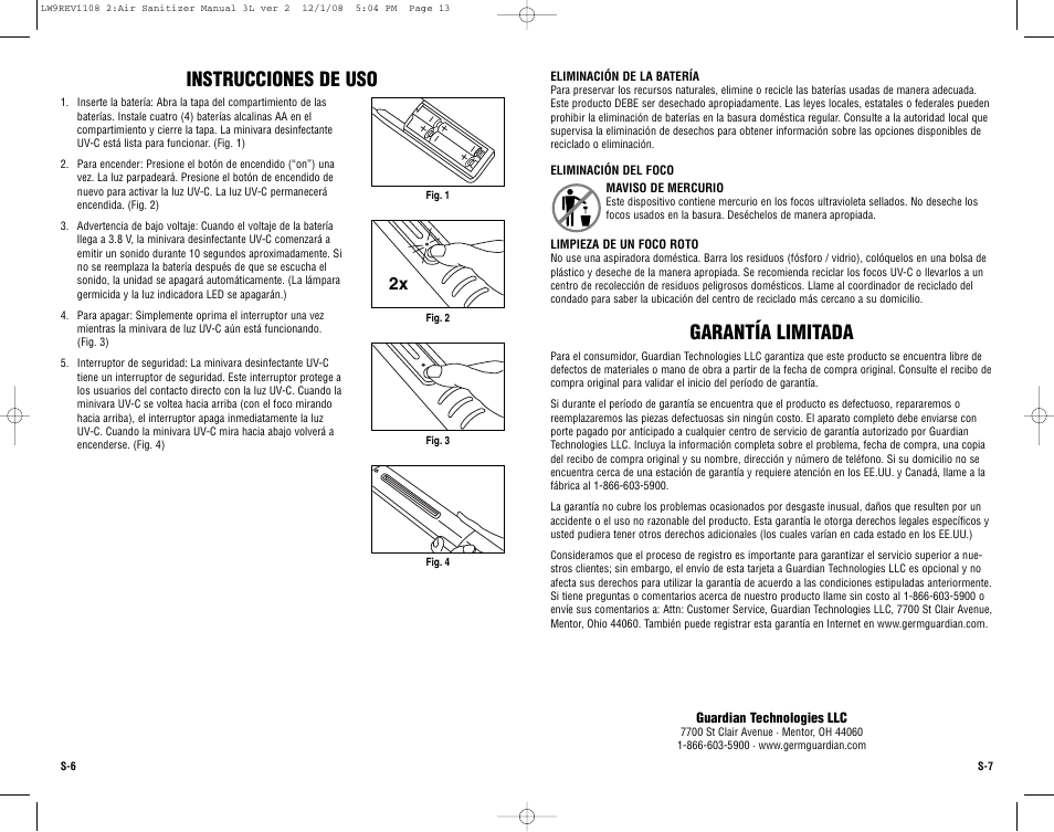 Garantía limitada, Instrucciones de uso | Guardian Technologies Germ Guardian LW9 User Manual | Page 13 / 14