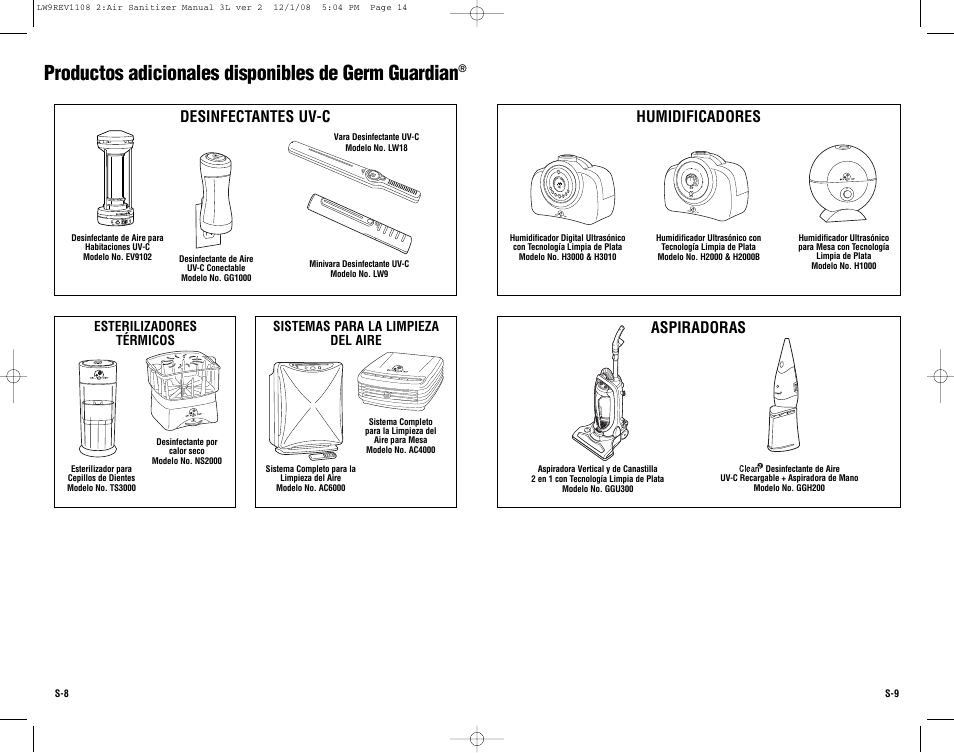 Productos adicionales disponibles de germ guardian, Desinfectantes uv-c, Aspiradoras | Humidificadores, On/off, Esterilizadores térmicos, Sistemas para la limpieza del aire | Guardian Technologies Germ Guardian LW9 User Manual | Page 14 / 14