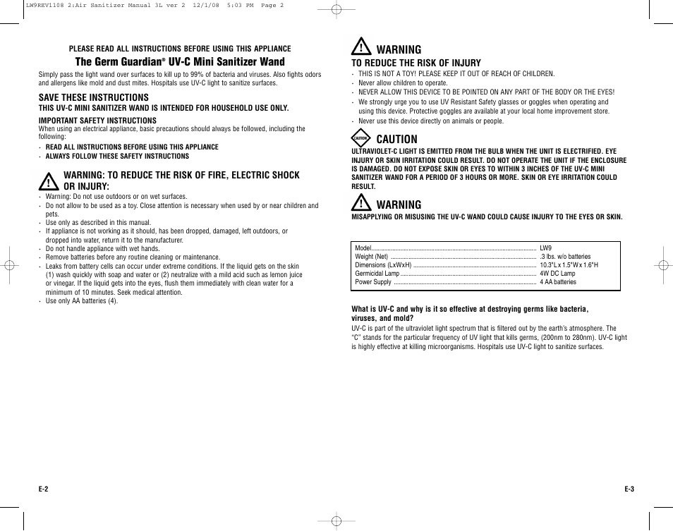 The germ guardian, Uv-c mini sanitizer wand, Warning | Caution | Guardian Technologies Germ Guardian LW9 User Manual | Page 2 / 14