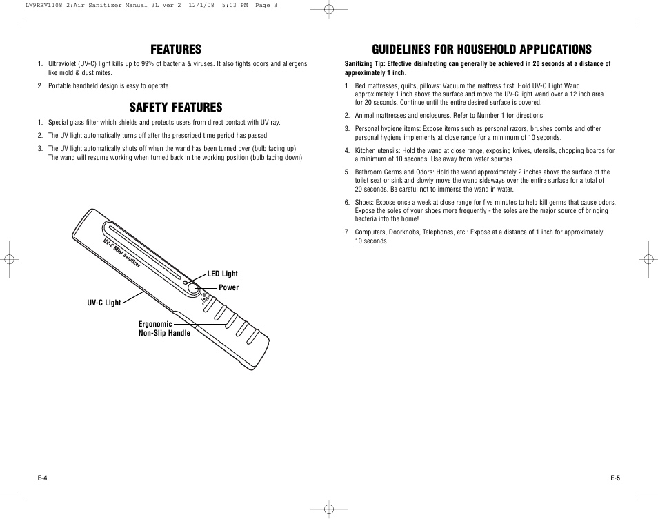 Features guidelines for household applications, Safety features | Guardian Technologies Germ Guardian LW9 User Manual | Page 3 / 14