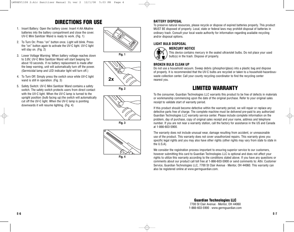 Directions for use limited warranty | Guardian Technologies Germ Guardian LW9 User Manual | Page 4 / 14
