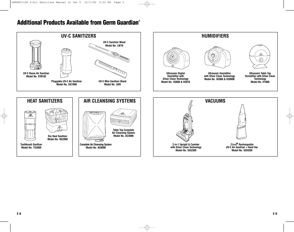 Additional products available from germ guardian, Vacuums, Humidifiers | Uv-c sanitizers, Heat sanitizers, Air cleansing systems, On/off | Guardian Technologies Germ Guardian LW9 User Manual | Page 5 / 14