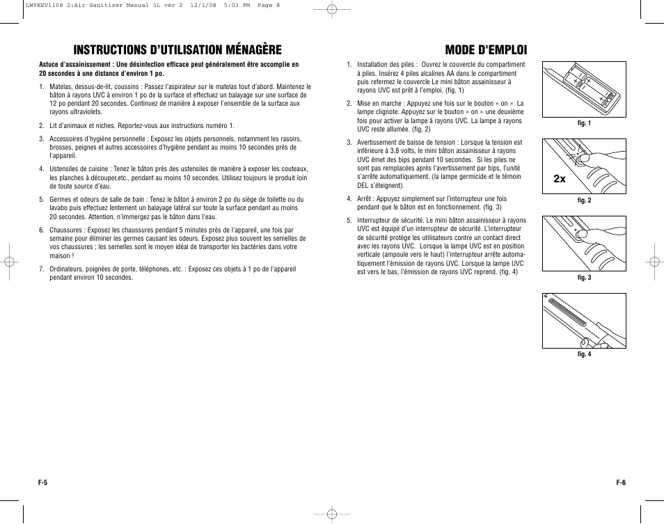 Instructions d’utilisation ménagère, Mode d'emploi | Guardian Technologies Germ Guardian LW9 User Manual | Page 8 / 14