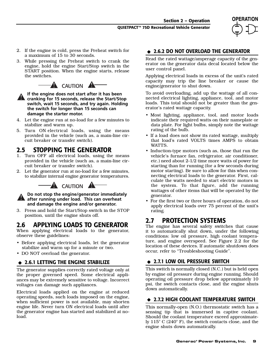 5 stopping the generator, 6 applying loads to generator, 7 protection systems | Guardian Technologies 004270-2 User Manual | Page 11 / 68
