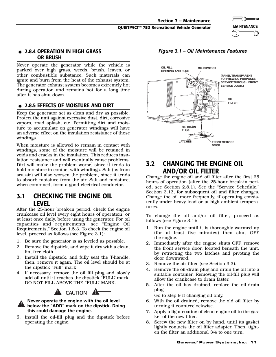1 checking the engine oil level, 2 changing the engine oil and/or oil filter | Guardian Technologies 004270-2 User Manual | Page 13 / 68