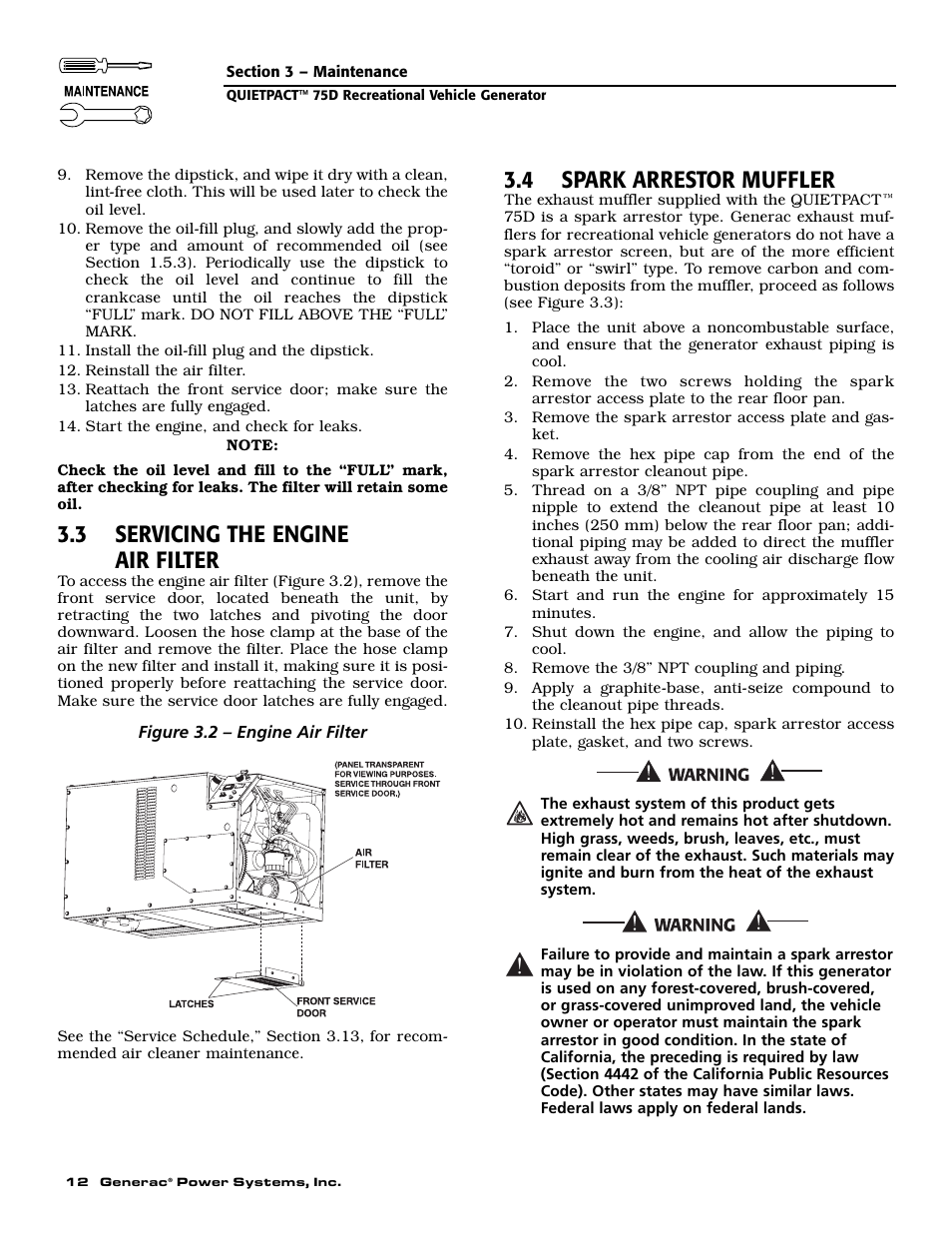 3 servicing the engine air filter, 4 spark arrestor muffler | Guardian Technologies 004270-2 User Manual | Page 14 / 68