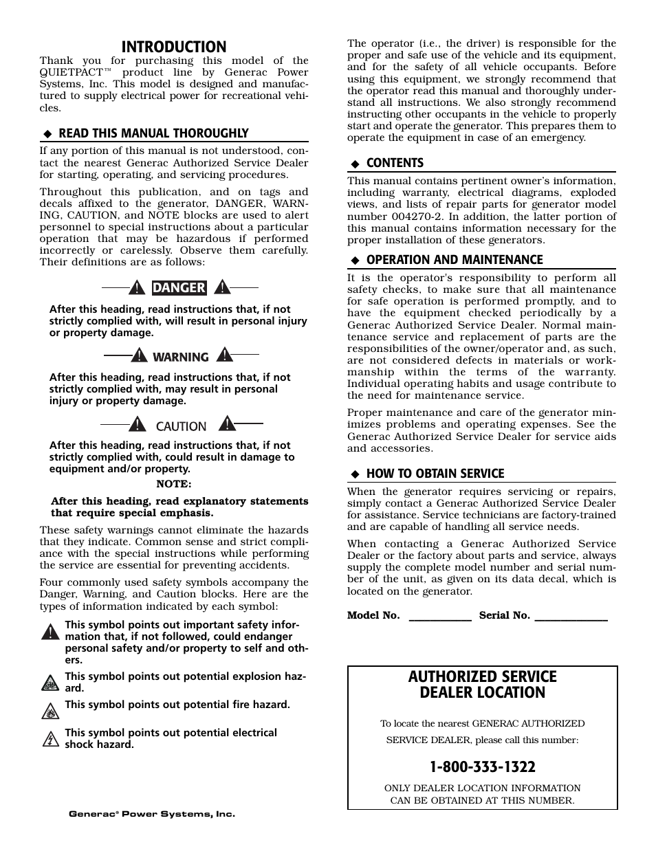 Introduction, Authorized service dealer location | Guardian Technologies 004270-2 User Manual | Page 2 / 68