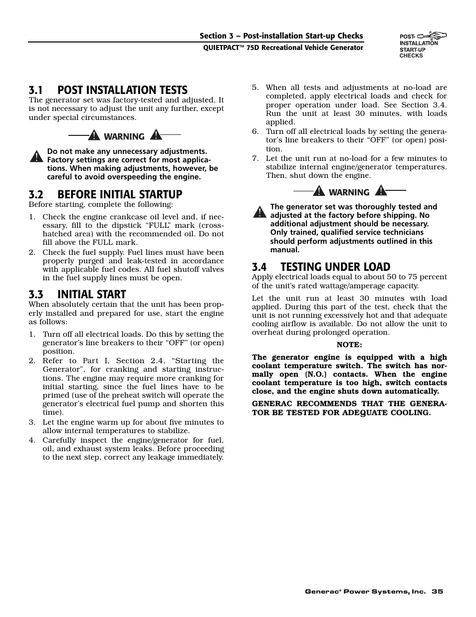 1 post installation tests, 2 before initial startup, 3 initial start | 4 testing under load | Guardian Technologies 004270-2 User Manual | Page 37 / 68