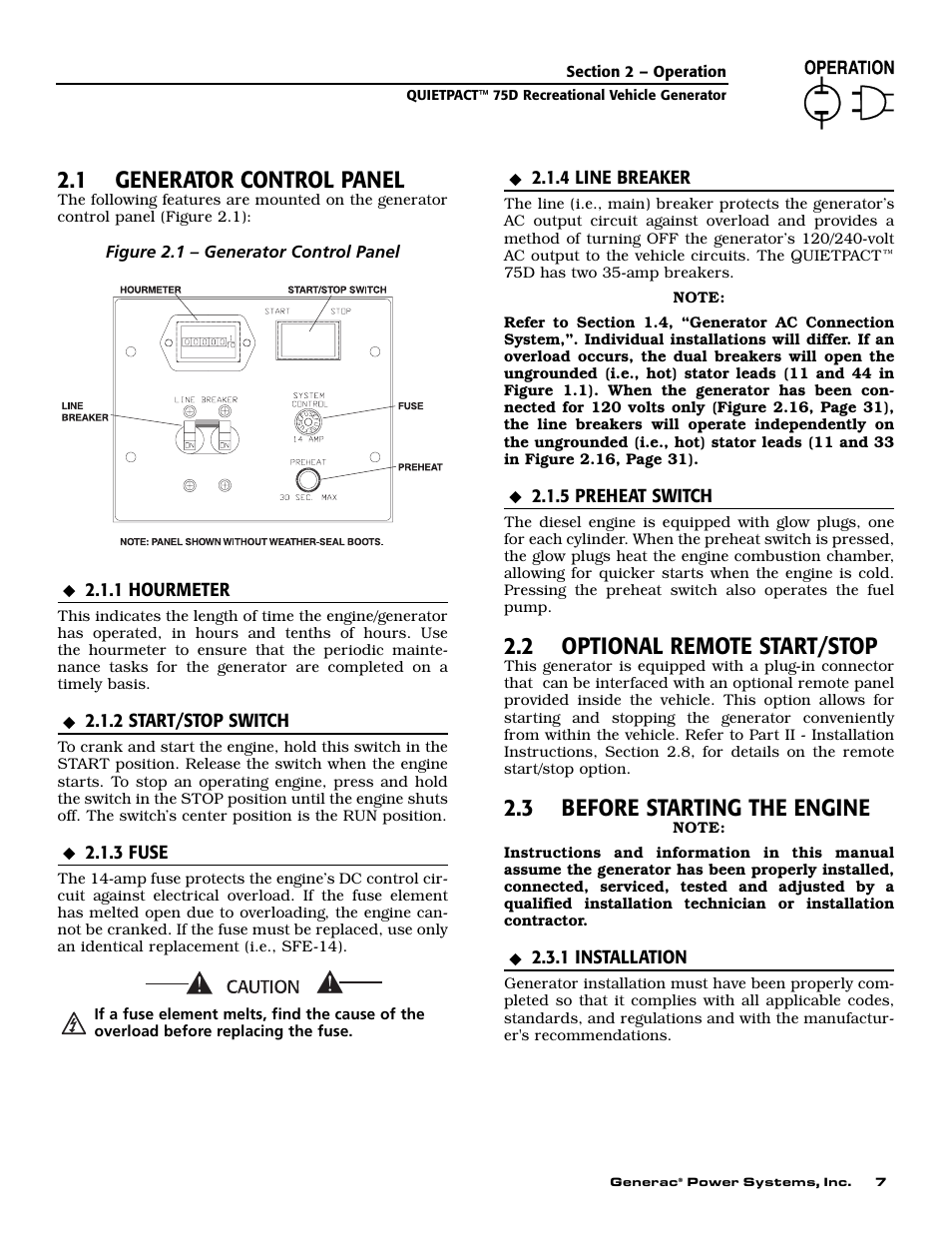 1 generator control panel, 2 optional remote start/stop, 3 before starting the engine | Guardian Technologies 004270-2 User Manual | Page 9 / 68