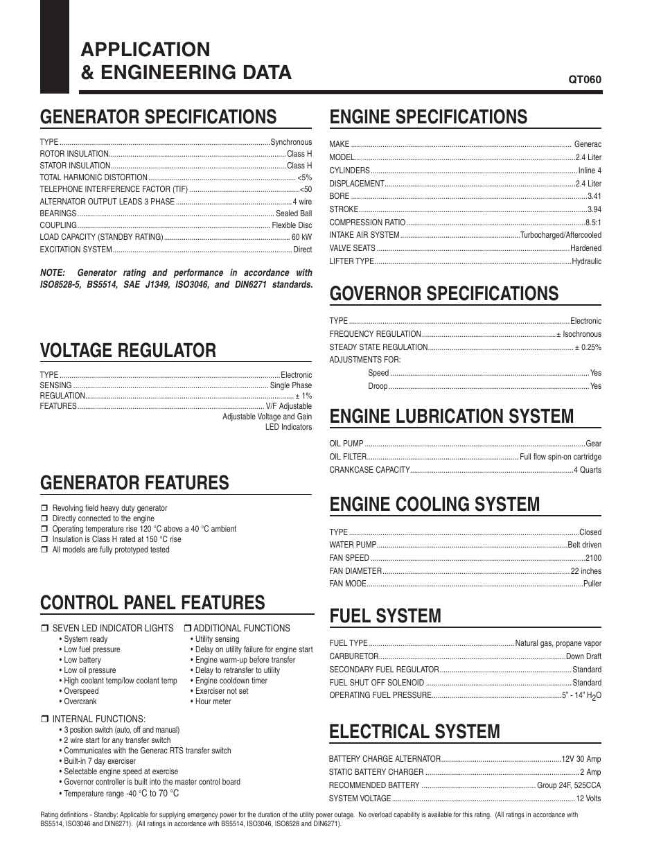 Application & engineering data, Generator specifications, Generator features | Voltage regulator, Control panel features, Engine specifications, Governor specifications, Engine lubrication system, Engine cooling system, Fuel system | Guardian Technologies QT060 User Manual | Page 2 / 4