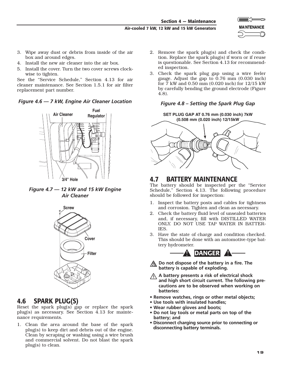 6 spark plug(s), 7 battery maintenance, Danger | Guardian Technologies 04758-2 User Manual | Page 21 / 56