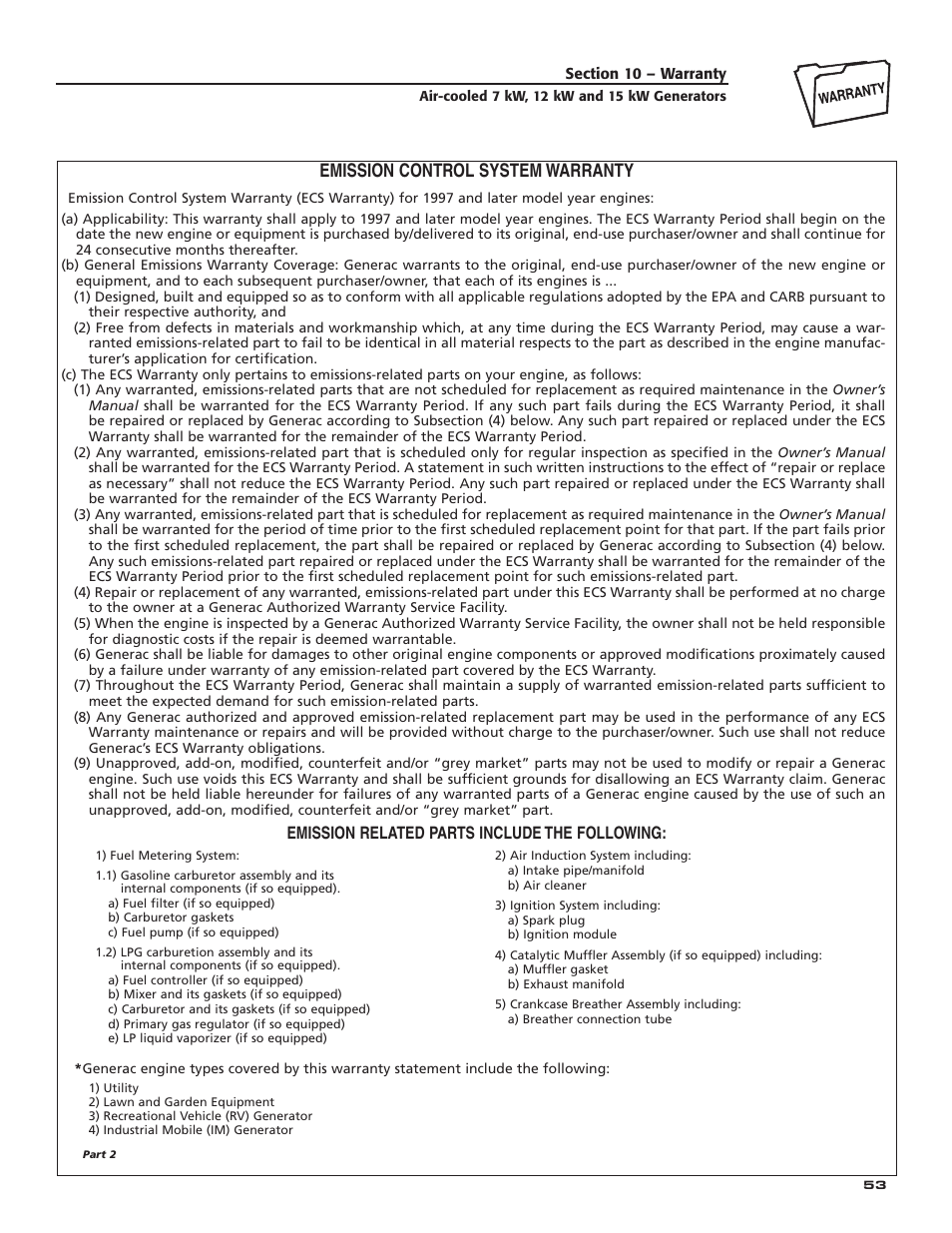 Emission control system warranty, Emission related parts include the following | Guardian Technologies 04758-2 User Manual | Page 55 / 56