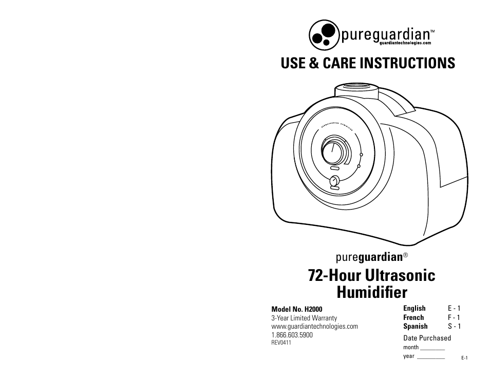 Guardian Technologies 72-HOUR ULTRASONIC H2000 User Manual | 5 pages