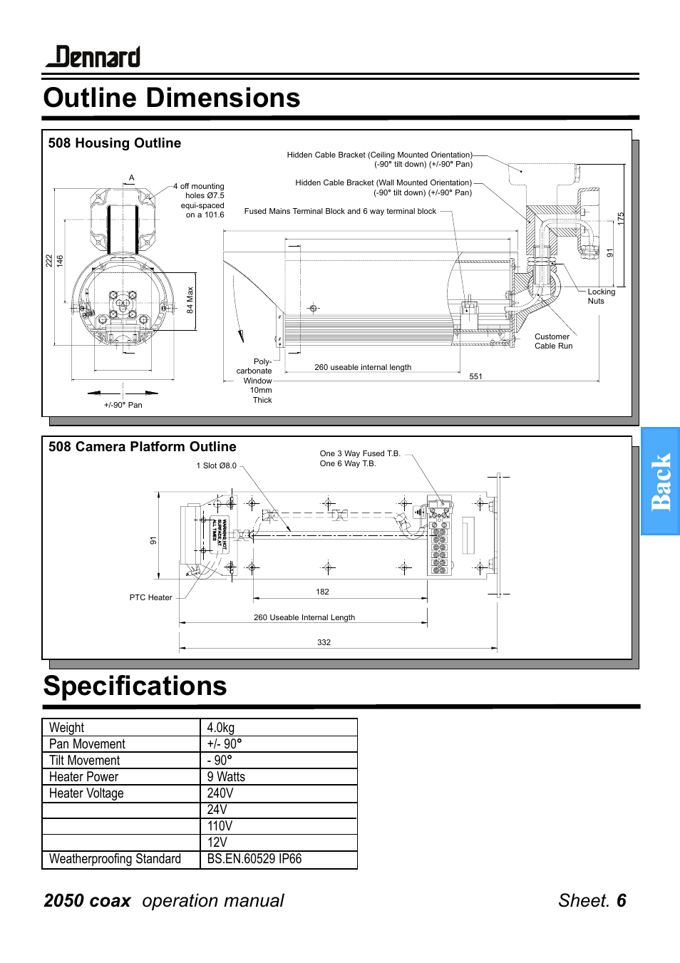 Outline dimensions, Specifications, 508 housing outline | Guardian Technologies DENNARD 508 User Manual | Page 7 / 9