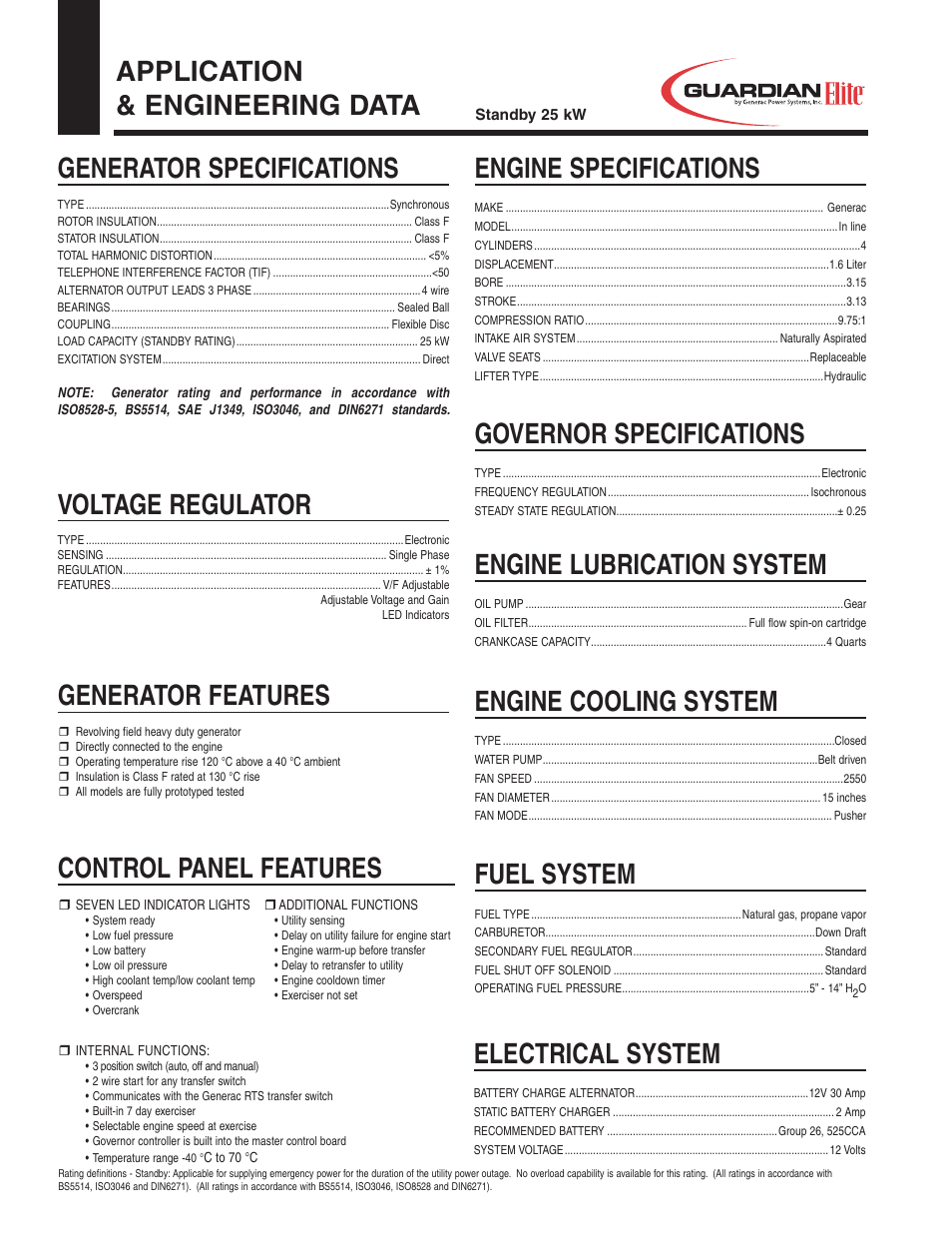 Application & engineering data, Generator specifications, Generator features | Voltage regulator, Control panel features, Engine specifications, Governor specifications, Engine lubrication system, Engine cooling system, Fuel system | Guardian Technologies 05324 User Manual | Page 2 / 4