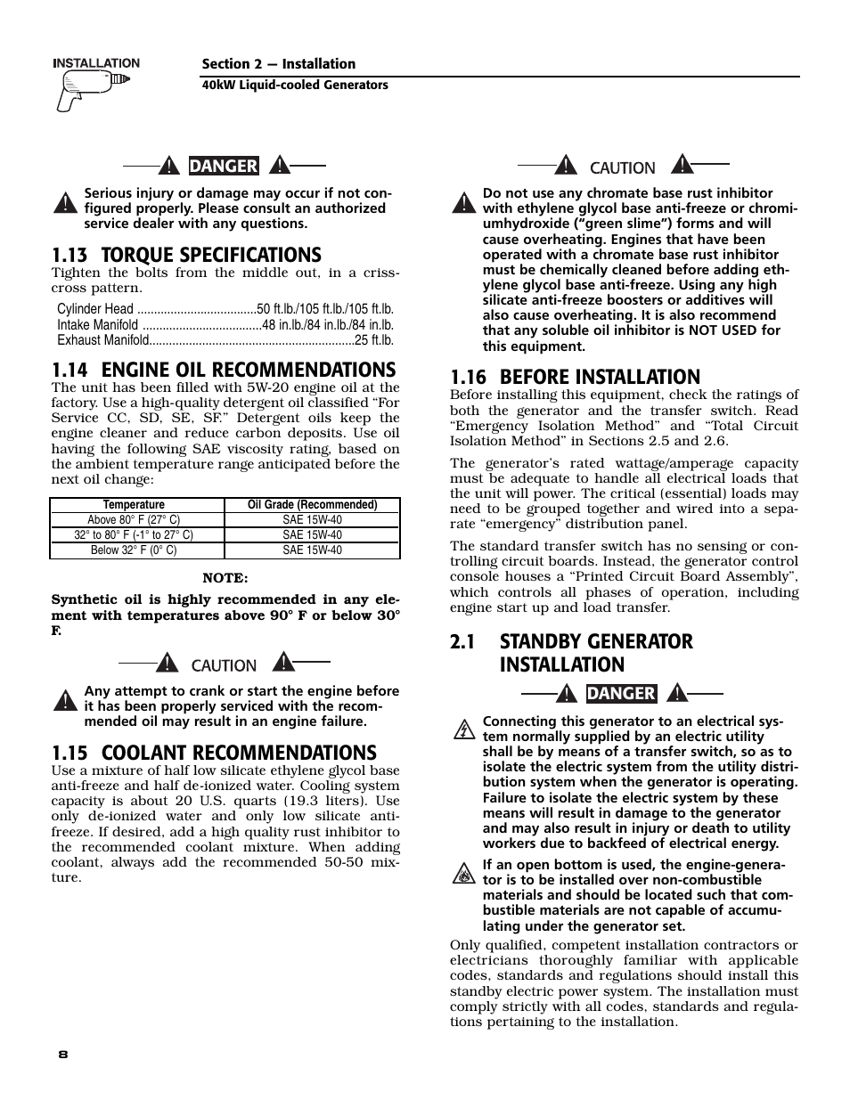 13 torque specifications, 14 engine oil recommendations, 15 coolant recommendations | 16 before installation, 1 standby generator installation | Guardian Technologies 004992-2 User Manual | Page 10 / 48