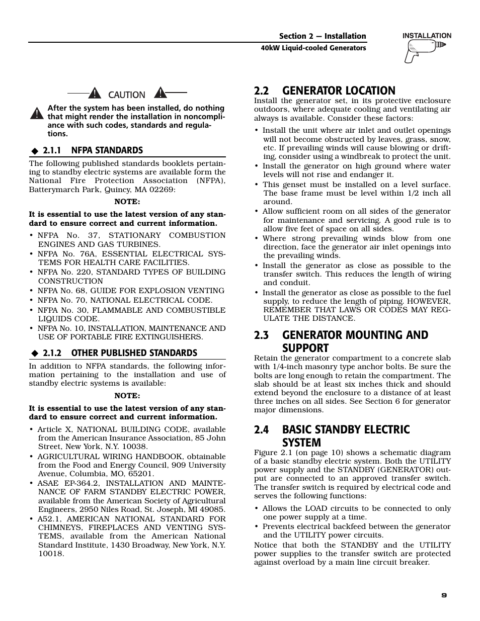 2 generator location, 3 generator mounting and support, 4 basic standby electric system | Guardian Technologies 004992-2 User Manual | Page 11 / 48