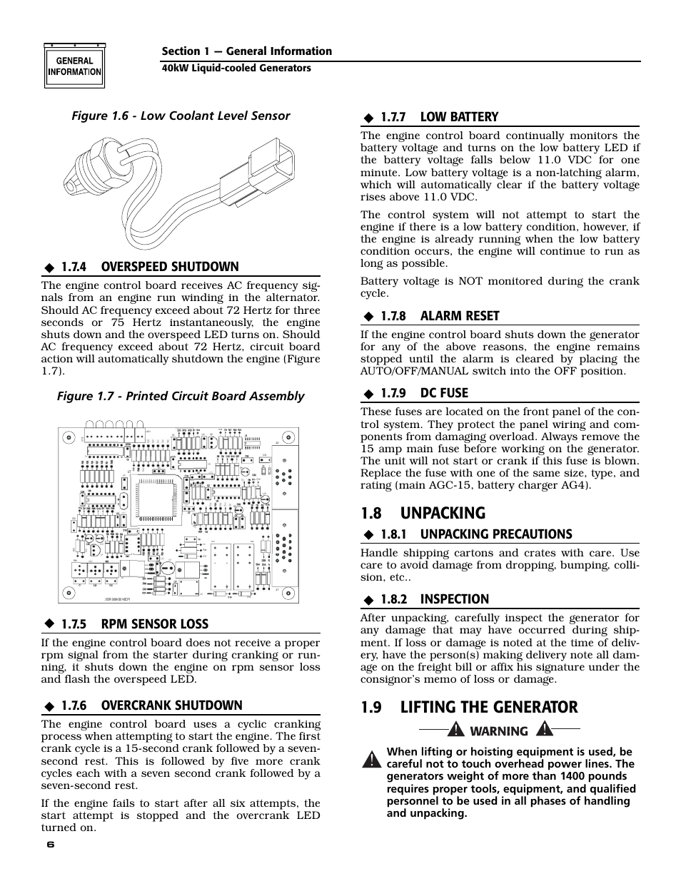 8 unpacking, 9 lifting the generator, 4 overspeed shutdown | 5 rpm sensor loss, 6 overcrank shutdown, 7 low battery, 8 alarm reset, 9 dc fuse, 1 unpacking precautions, 2 inspection | Guardian Technologies 004992-2 User Manual | Page 8 / 48