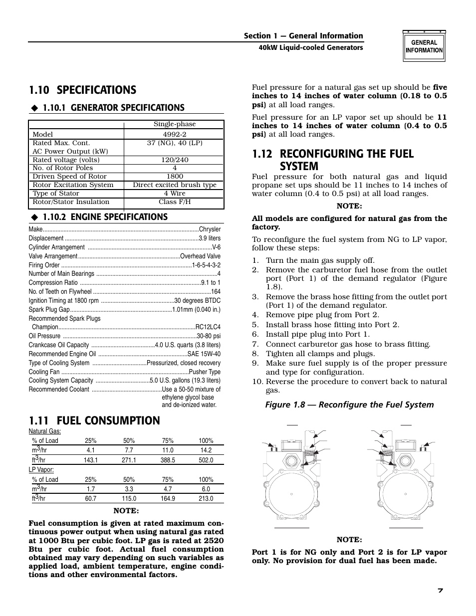 10 specifications, 11 fuel consumption, 12 reconfiguring the fuel system | Figure 1.8 — reconfigure the fuel system | Guardian Technologies 004992-2 User Manual | Page 9 / 48