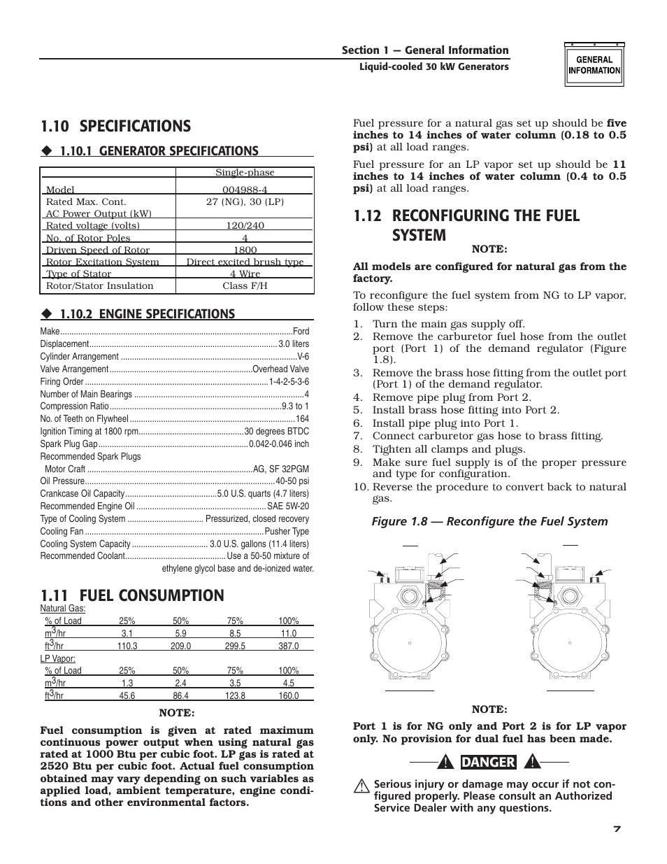 10 specifications, 11 fuel consumption, 12 reconfiguring the fuel system | Danger | Guardian Technologies 004988-4 User Manual | Page 9 / 48