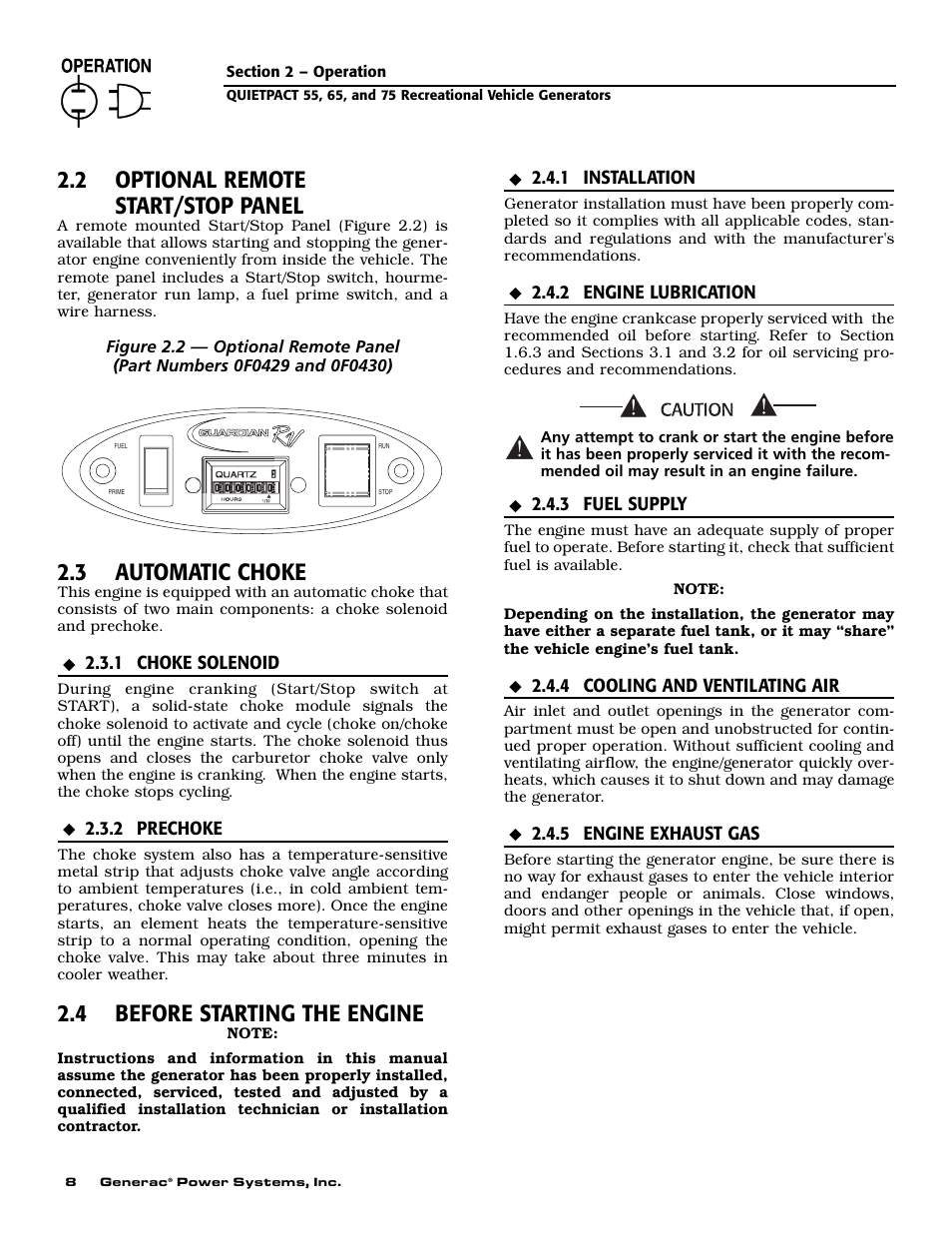 2 optional remote start/stop panel, 3 automatic choke, 4 before starting the engine | Guardian Technologies 004702-0 User Manual | Page 10 / 56