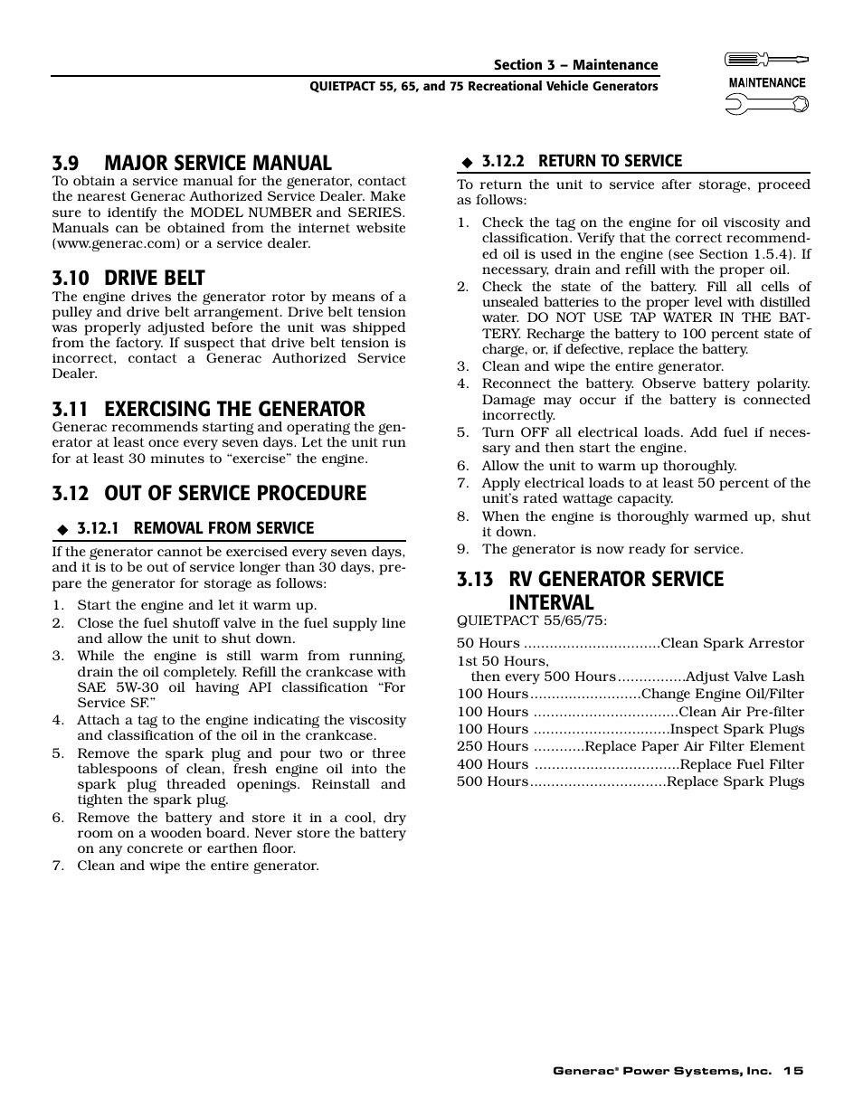 9 major service manual, 10 drive belt, 11 exercising the generator | 12 out of service procedure, 13 rv generator service interval | Guardian Technologies 004702-0 User Manual | Page 17 / 56