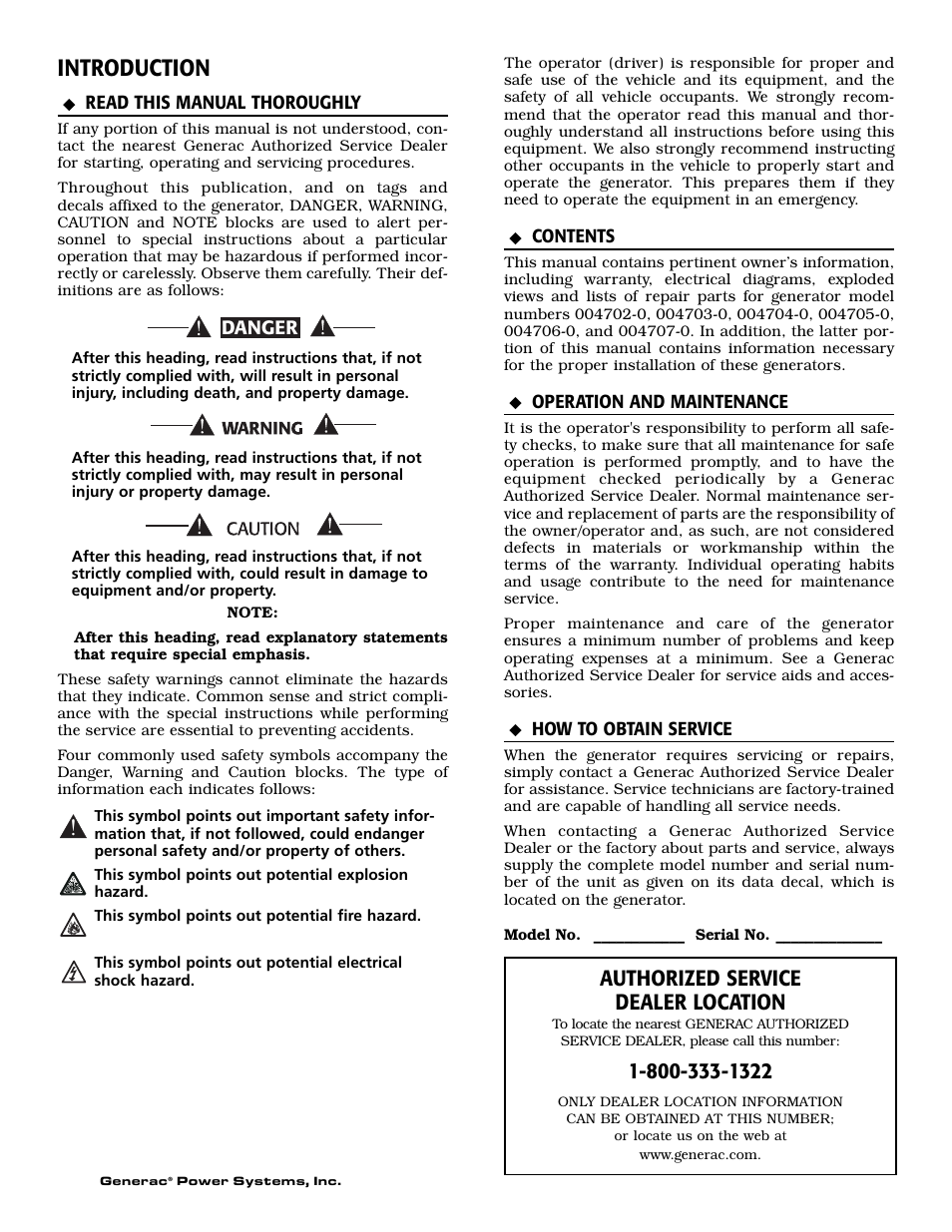 Introduction, Authorized service dealer location | Guardian Technologies 004702-0 User Manual | Page 2 / 56