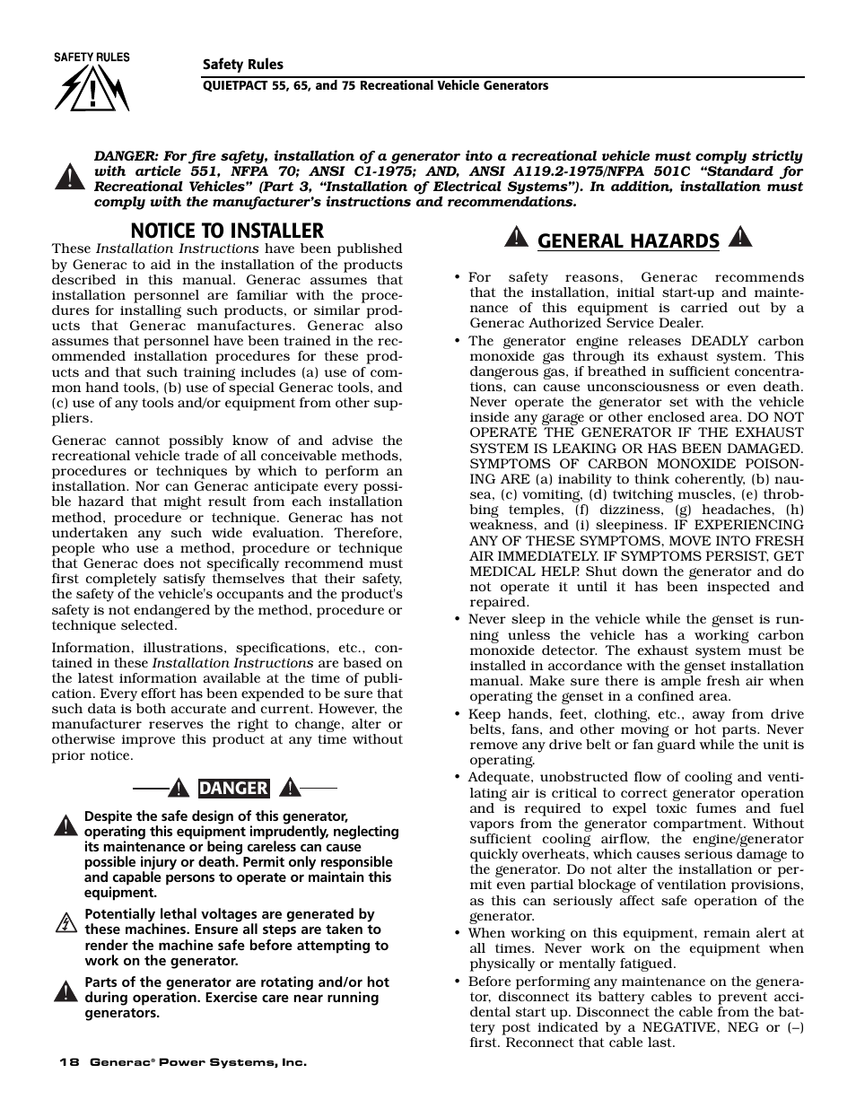 Notice to installer, General hazards | Guardian Technologies 004702-0 User Manual | Page 20 / 56