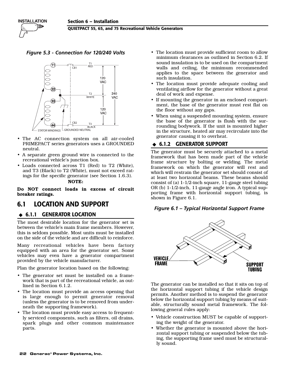 1 location and support, 1 generator location, 2 generator support | Guardian Technologies 004702-0 User Manual | Page 24 / 56