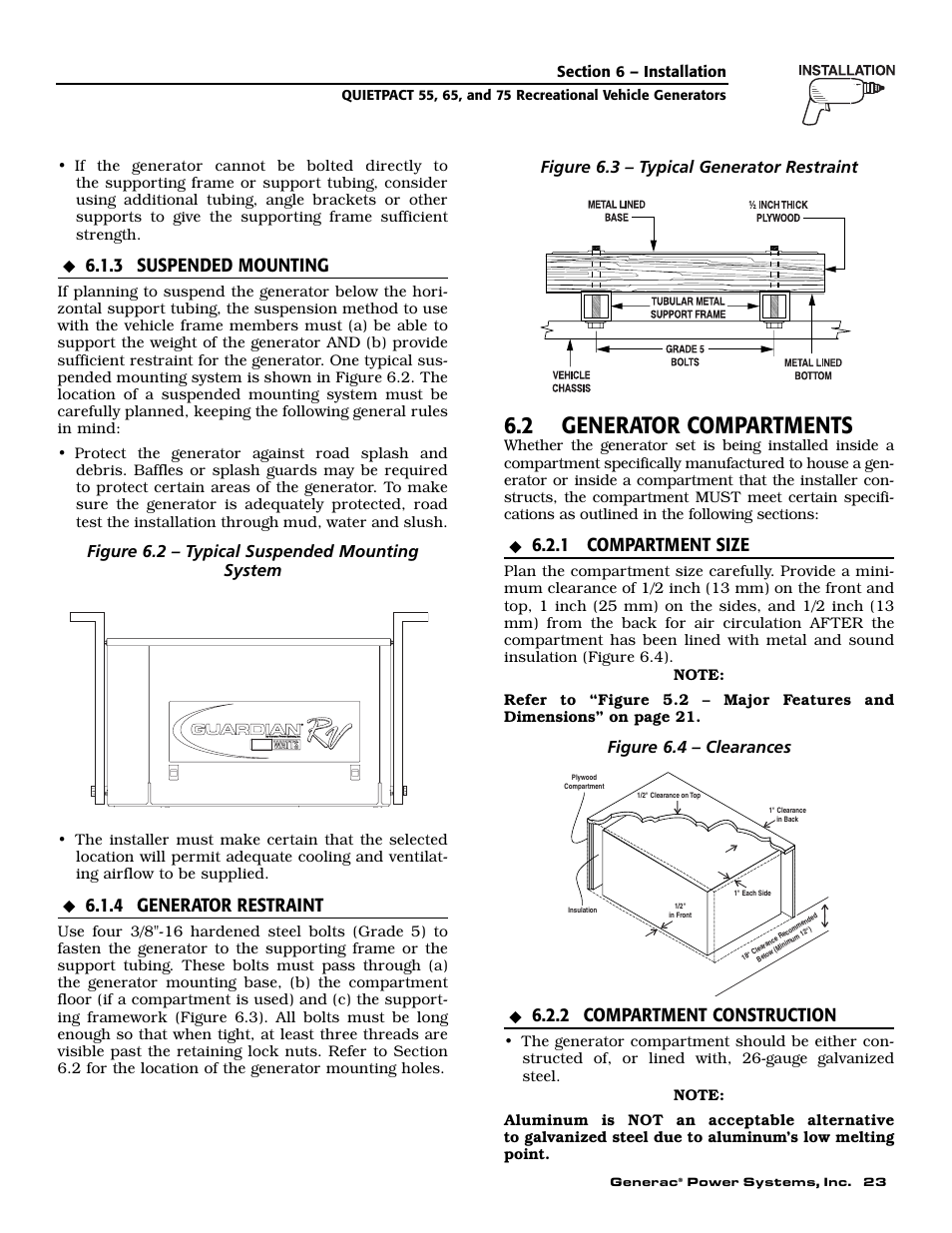 2 generator compartments, 3 suspended mounting, 4 generator restraint | 1 compartment size, 2 compartment construction, Figure 6.2 – typical suspended mounting system, Figure 6.3 – typical generator restraint, Figure 6.4 – clearances | Guardian Technologies 004702-0 User Manual | Page 25 / 56