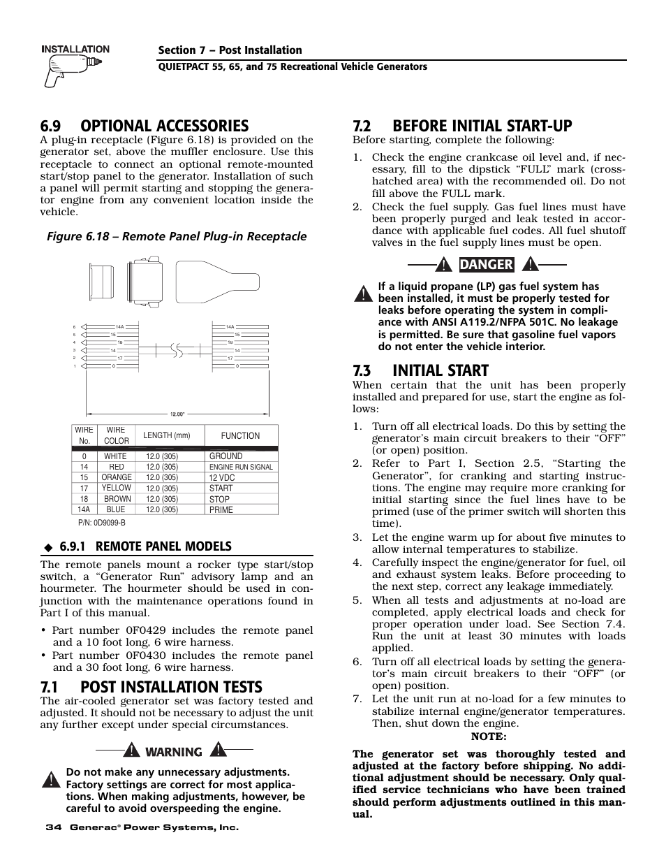 9 optional accessories, 1 post installation tests, 2 before initial start-up | 3 initial start, Danger, 1 remote panel models, Figure 6.18 – remote panel plug-in receptacle | Guardian Technologies 004702-0 User Manual | Page 36 / 56