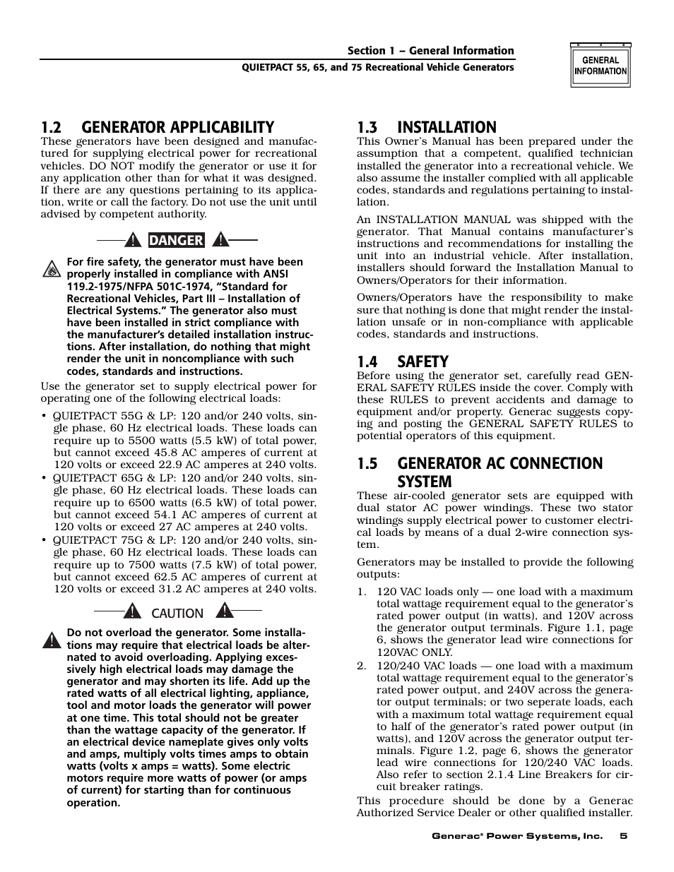 2 generator applicability, 3 installation, 4 safety | 5 generator ac connection system | Guardian Technologies 004702-0 User Manual | Page 7 / 56