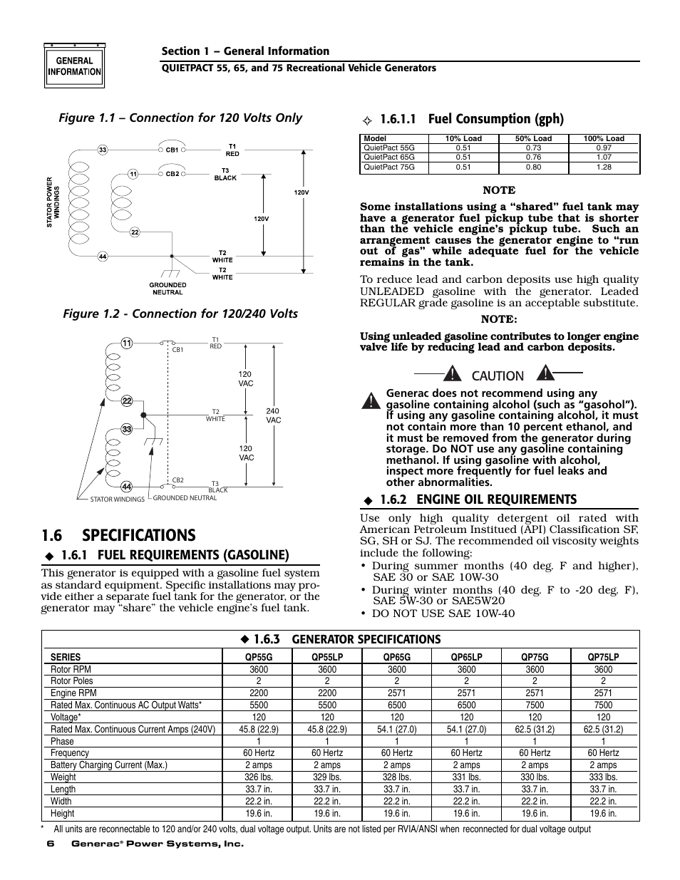 6 specifications, 1 fuel requirements (gasoline), 1 fuel consumption (gph) | 2 engine oil requirements | Guardian Technologies 004702-0 User Manual | Page 8 / 56