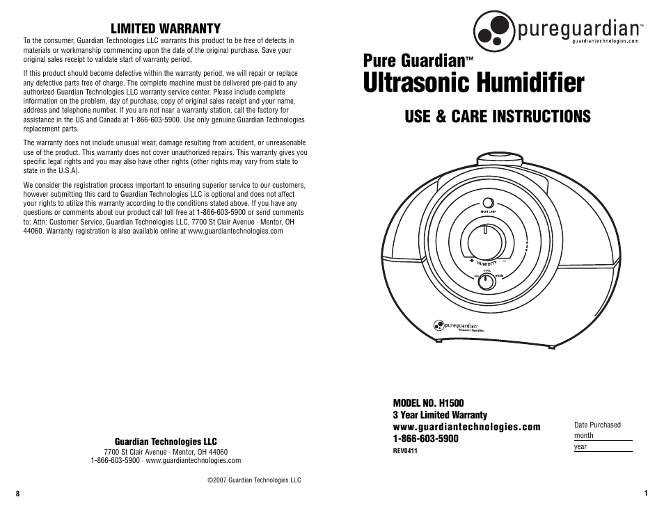 Guardian Technologies H1500 User Manual | 4 pages