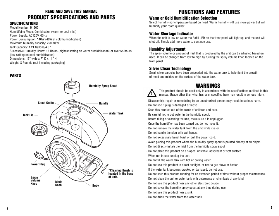 Product specifications and parts, Functions and features, Warnings | Guardian Technologies H1500 User Manual | Page 2 / 4