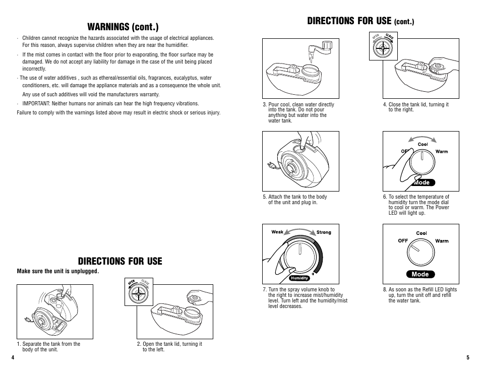 Warnings (cont.), Directions for use | Guardian Technologies H1500 User Manual | Page 3 / 4