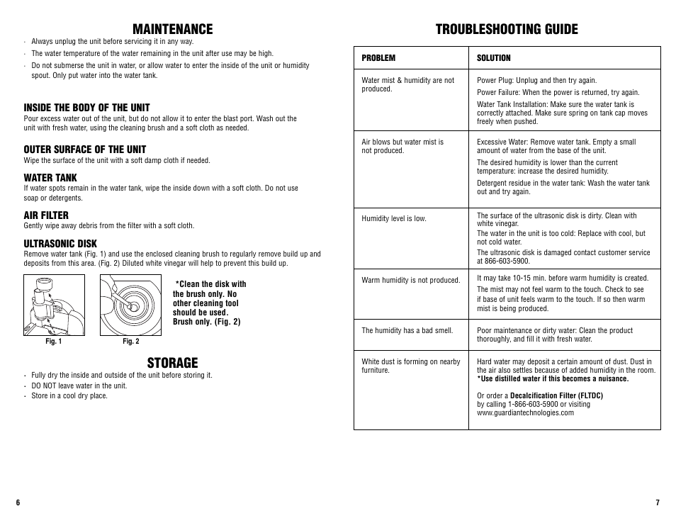 Maintenance, Storage, Troubleshooting guide | Guardian Technologies H1500 User Manual | Page 4 / 4