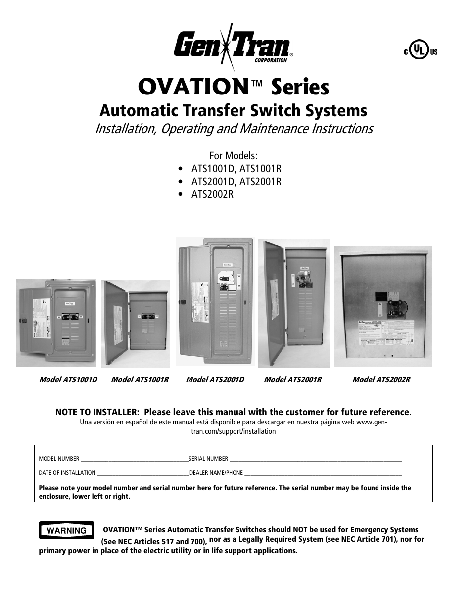 GenTran OVATION ATS2001D User Manual | 36 pages