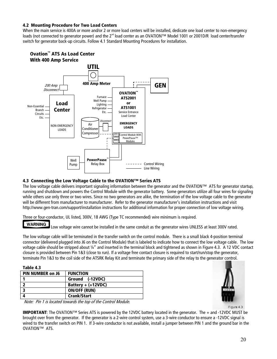 Util, Load center, Ovation | Ats as load center with 400 amp service | GenTran OVATION ATS2001D User Manual | Page 20 / 36