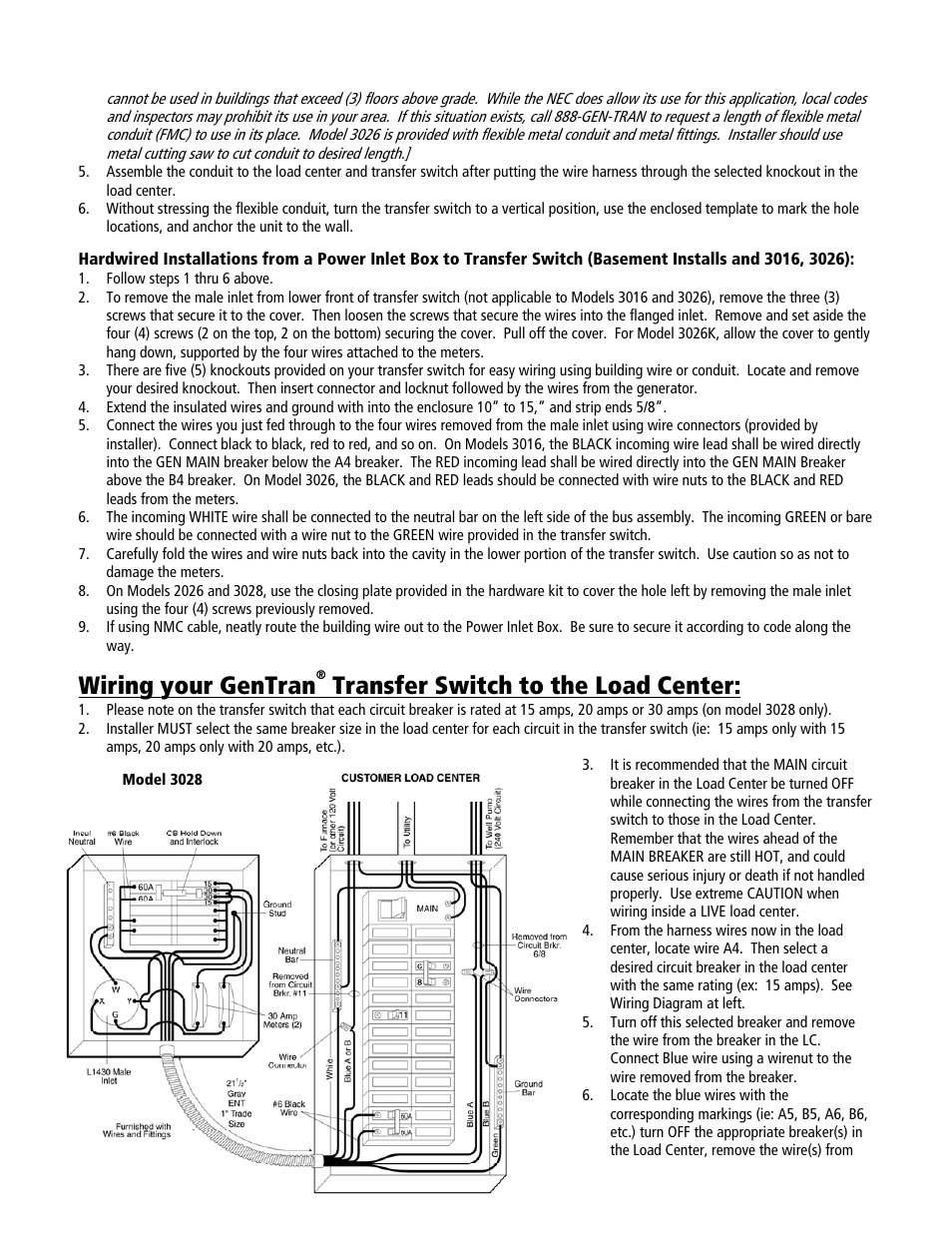 Wiring your gentran, Transfer switch to the load center | GenTran 2026 User Manual | Page 3 / 8