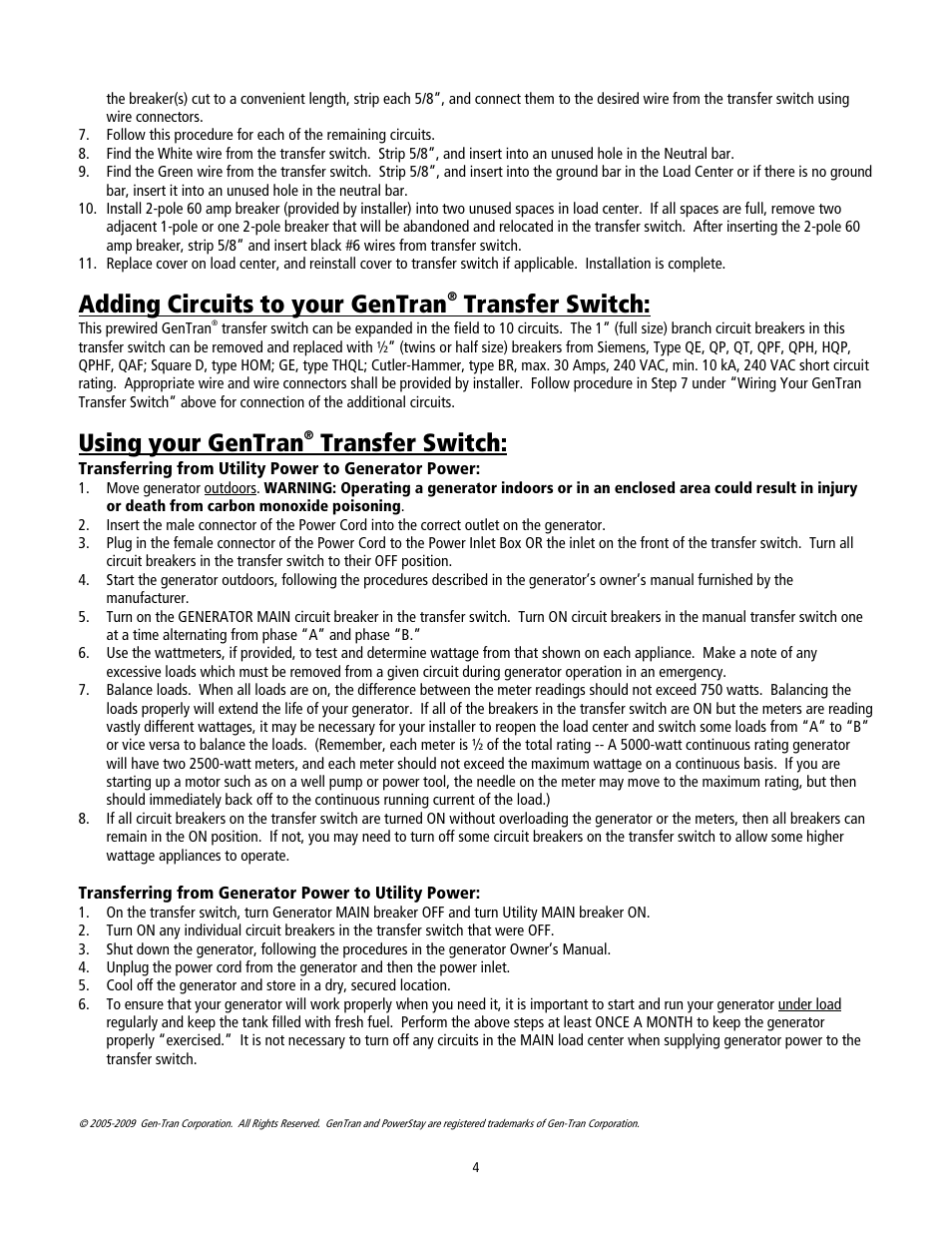 Adding circuits to your gentran, Transfer switch, Using your gentran | GenTran 2026 User Manual | Page 4 / 8