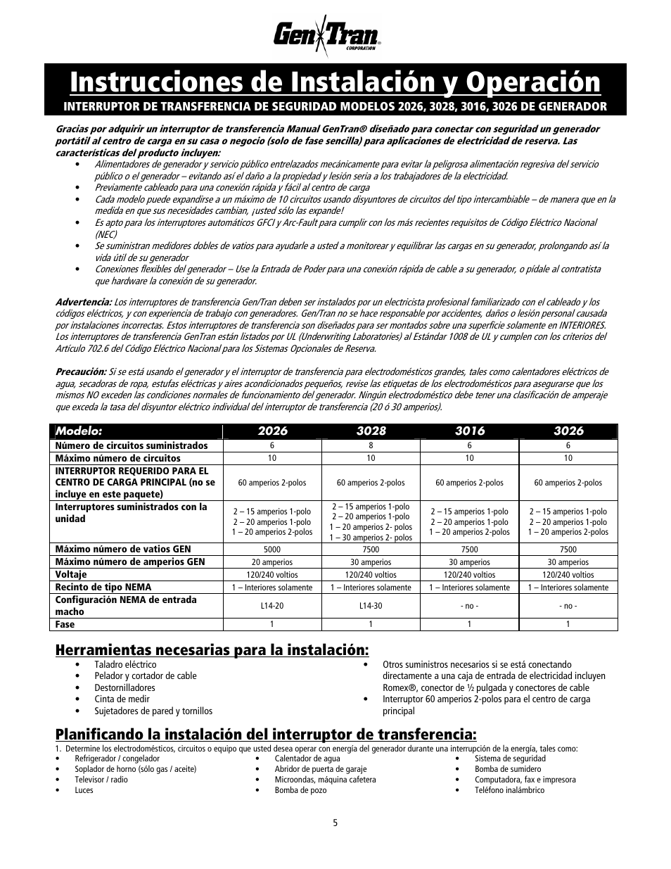 Instrucciones de instalación y operación, Herramientas necesarias para la instalación | GenTran 2026 User Manual | Page 5 / 8