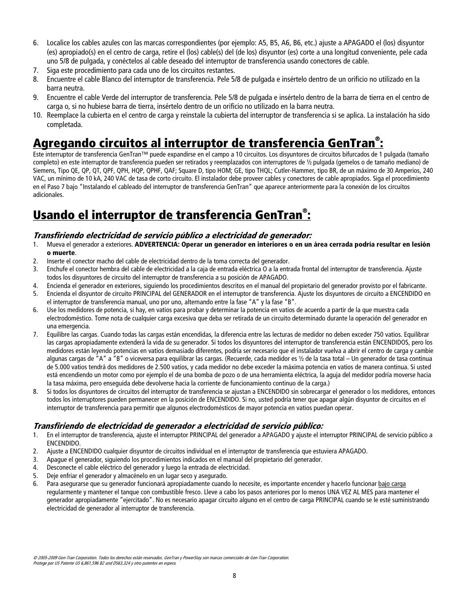 Usando el interruptor de transferencia gentran | GenTran 2026 User Manual | Page 8 / 8